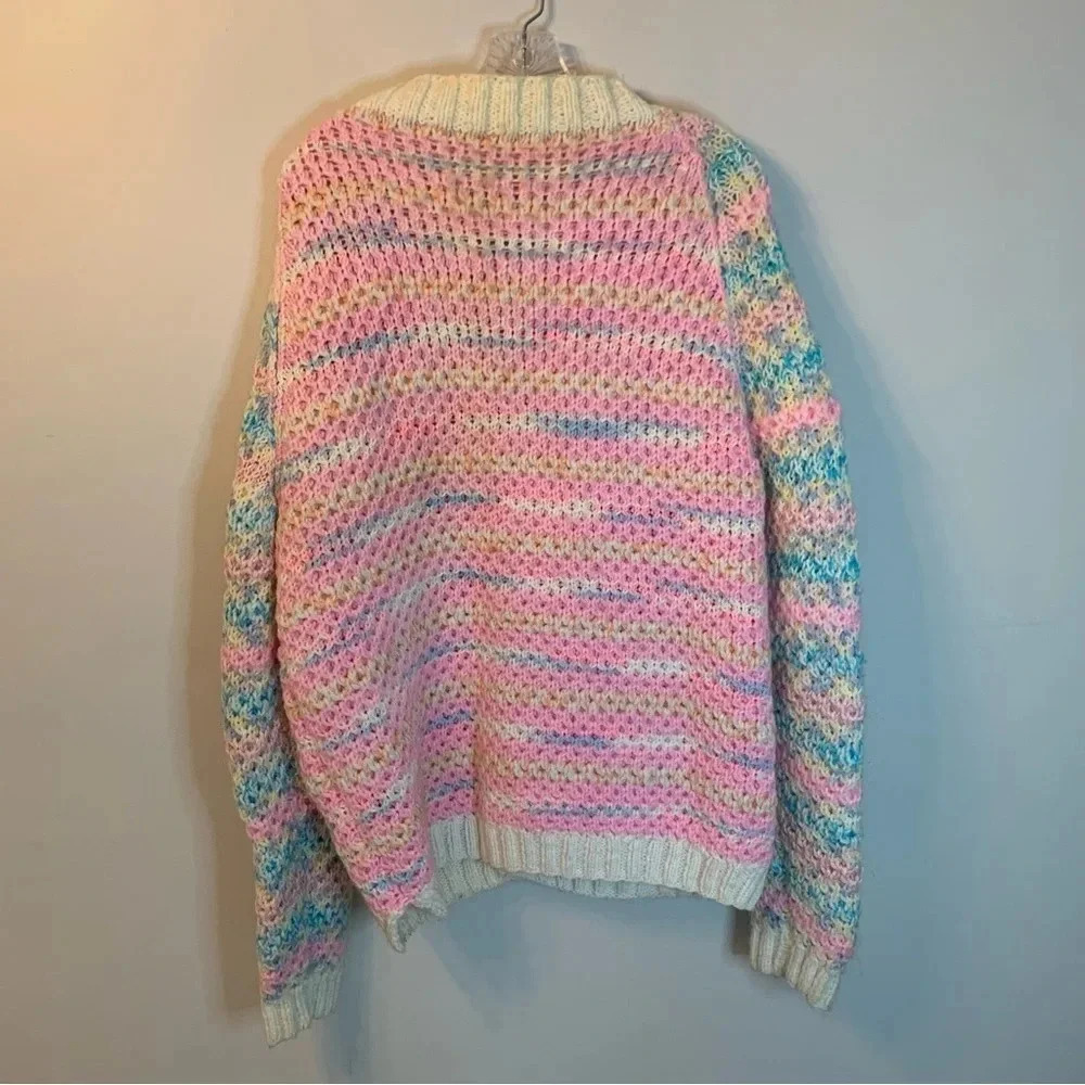 Handmade  Pink Blue Crocheted Oversized Button Front Cardigan XL - Picture 2 of 14